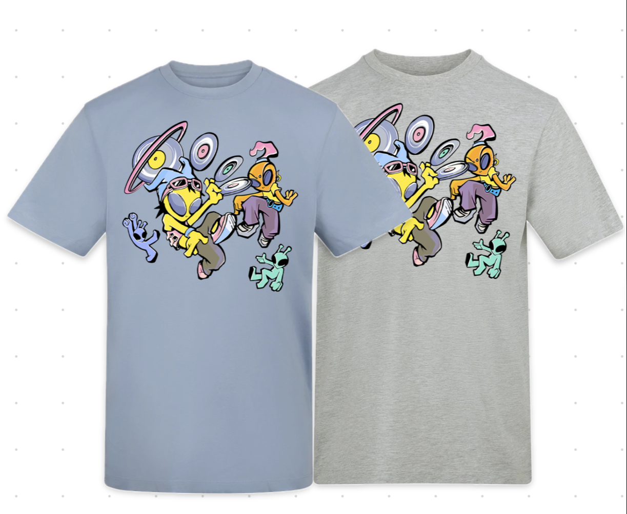 Blue and grey graphic T-shirt mockups