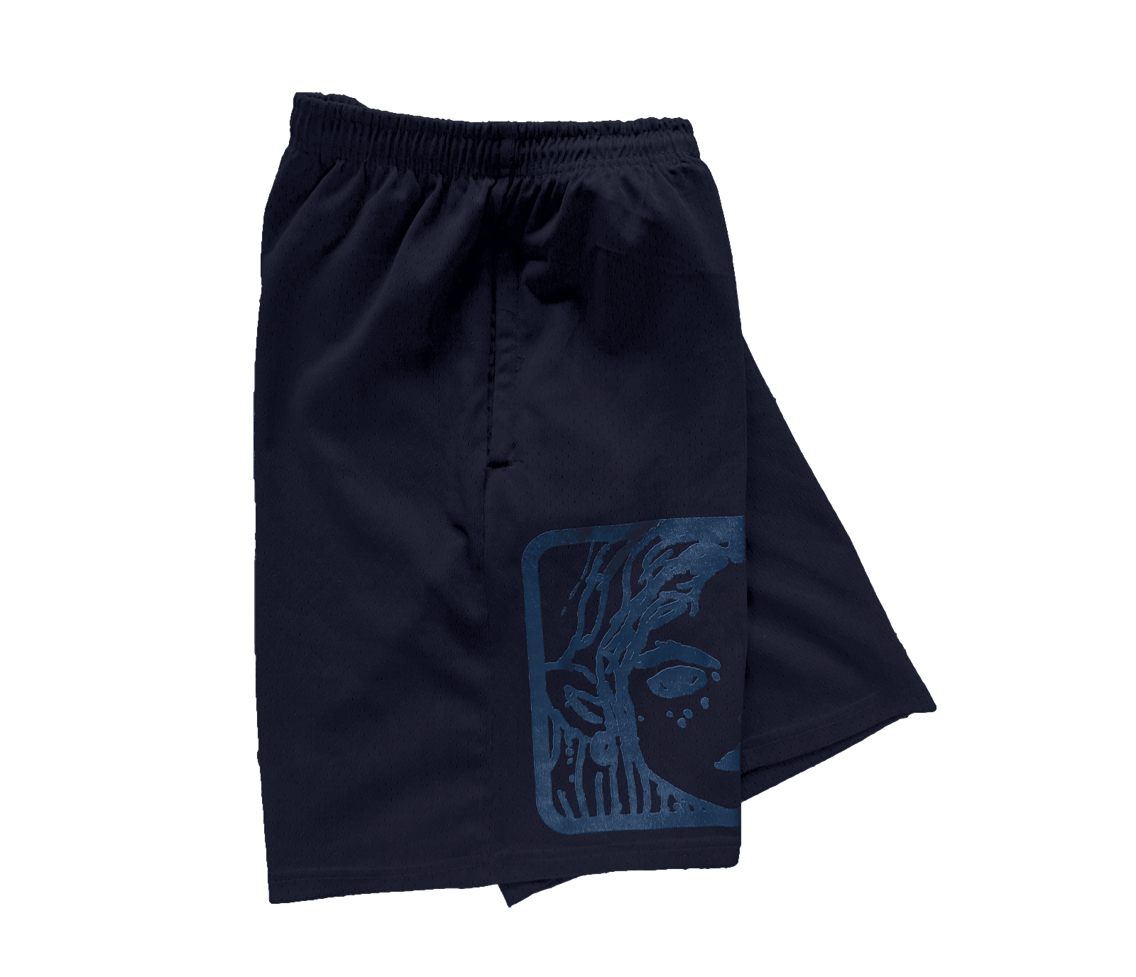 Navy mesh shorts with blue illustrated print
